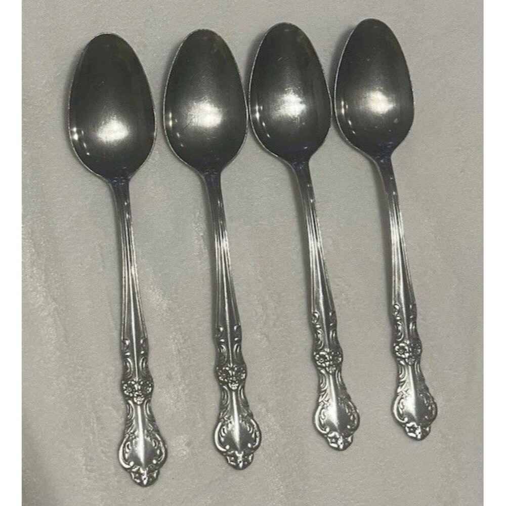 Set of 4 Oneida Louisiana Stainless Oval Soup / Dinner Spoons Glossy Floral